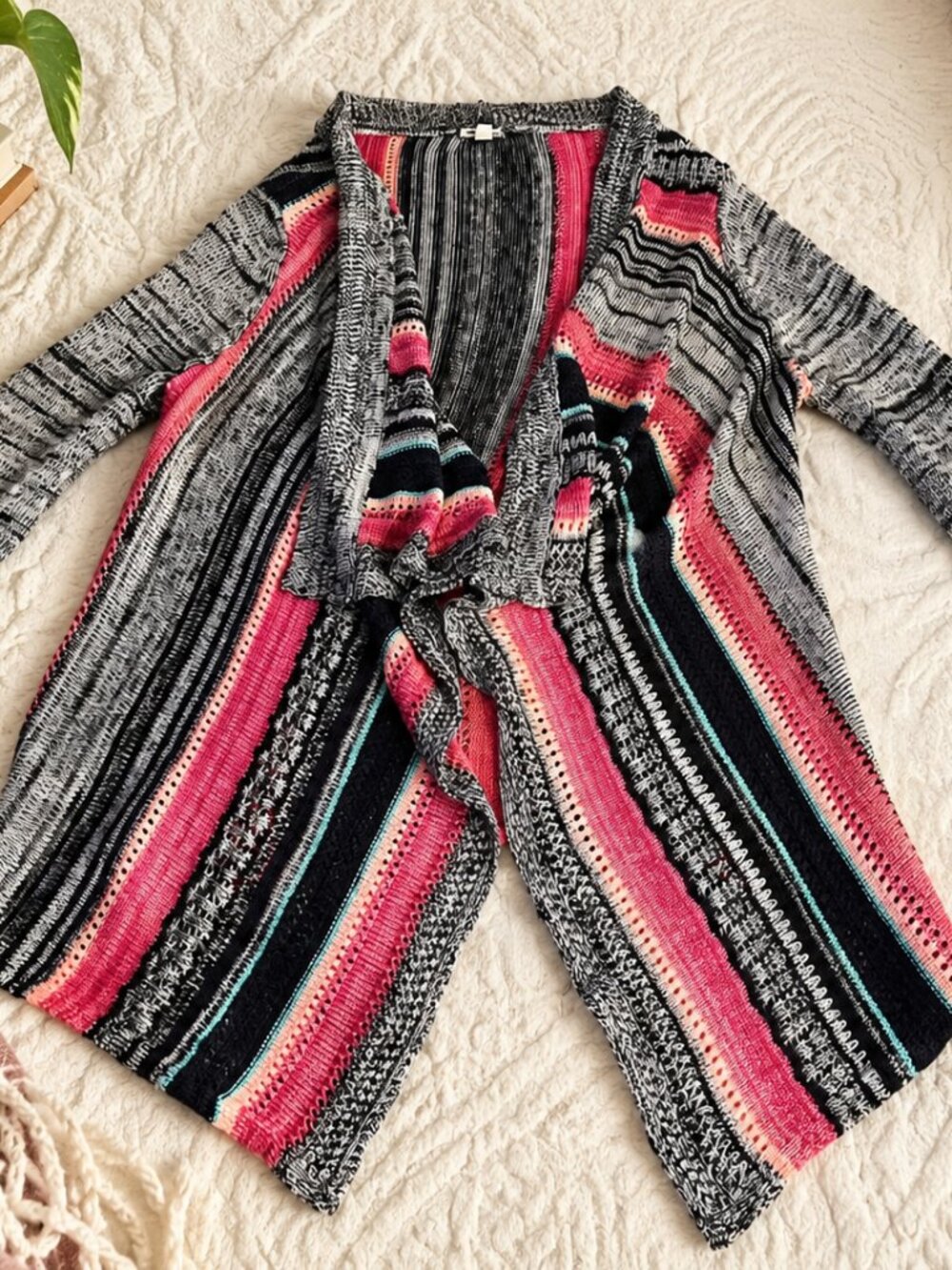Eyeshadow Womens M Multicolor Striped Waterfall Cardigan Boho Duster